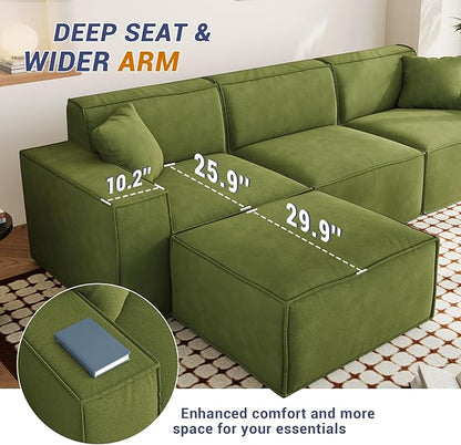 110" Cloud Sectional Couch, Chenille Boneless Couch 3 Seater with Deep Seats & Wide Armrests, Comfy Modular Sectional Sofa Memory Foam Compression Floor Sofa for Living Room, No Assembly Required