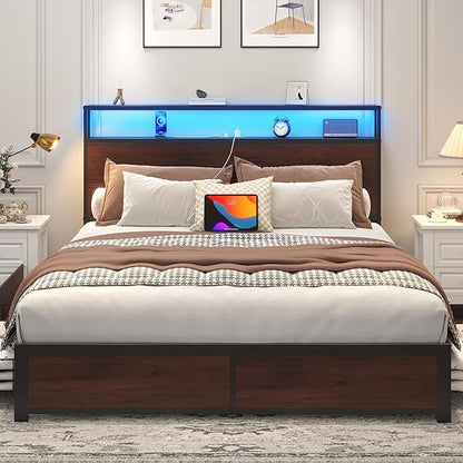 Lifezone Queen Bed Frame with 2-Tier Storage Headboard, Metal Platform Bed Frame with 4 Storage Drawers, Built in Charging Station & LED, Noise-Free/Metal Support/No Box Spring Needed, Coffee Brown