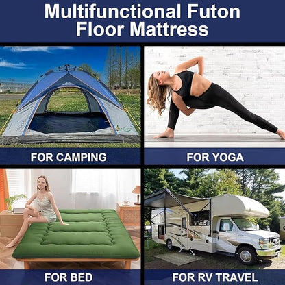 Japanese Floor Mattress,Thicken Japanese Floor Sleeping Pad Foldable,Roll Up Tatami Mat Easy to Store and Portable,Futon Mattress Suitable for Camping and Guest Room (Green, Queen (80" X 60"))