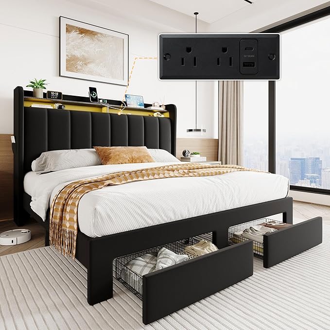 SHA CERLIN Velvet Full Size Bed Frame with Vertical Channel Tufted Wingback Headboard & 2 Storage Drawers/2-Tier Shelves with LED Lights & Charging Station/Noise-Free/No Box Spring Needed/Black