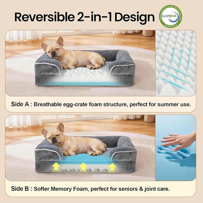 OhGeni Orthopedic Medium Dog Bed Couch Sofa, Memory Foam, 28-inch (Gray) | Waterproof Pet Bed with Machine-Washable Removable Cover & Soft Comfortable Fabric