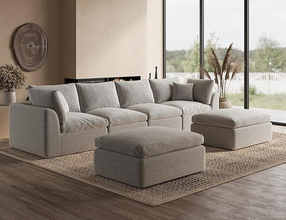 ohllob Oversized Cloud Sectional Couches for Living Room, Boneless U Shaped Couch with Ottoman, 4 Seater Modular Sectional Sofa, Light Grey