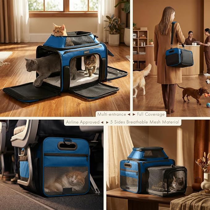 Top-Side Expandable Pet Carrier, Treat Window,18x13x9.5 Airline Approved | for Southwest Frontier,Soft-Sided Cat Carrier, Anti-Scratch Mesh, Lockable Zippers,Dog Carrier for Kitten,Rabbit,Puppy, Blue