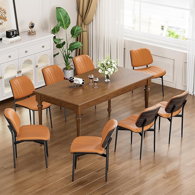 YaFiti Dining Chairs Set of 6, Mid Century Modern Dining Room and Kitchen Chairs, Upholstered PU Leather Chairs with Walnut Bentwood and Metal Legs, Orange