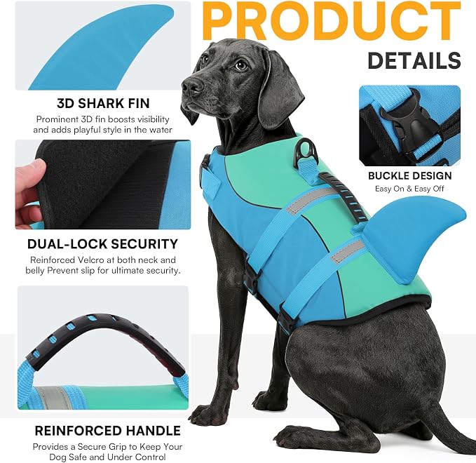 Shark Dog Life Jacket, Dog Life Vests for Boating, High Buoyant Pet Life Vest for Swimming, Adjustable Easy On Pet Life Jackets for Small, Medium, Large Dogs (Pool Blue,XS)