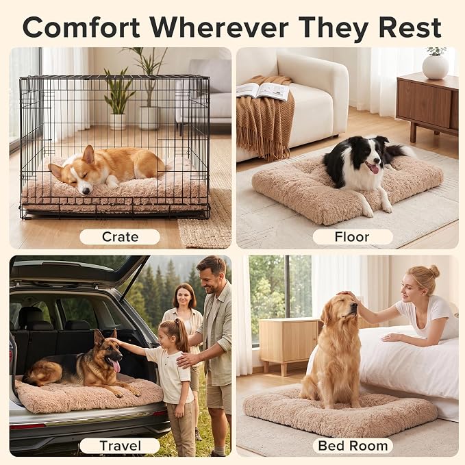 JOEJOY Large Dog Bed Crate Pad, Deluxe Plush Washable Dog Beds Fulffy Soft Kennel Pad Anti-Slip Pet Sleeping Mat for Extra Large Medium Small Dogs, 40" x 27", Beige