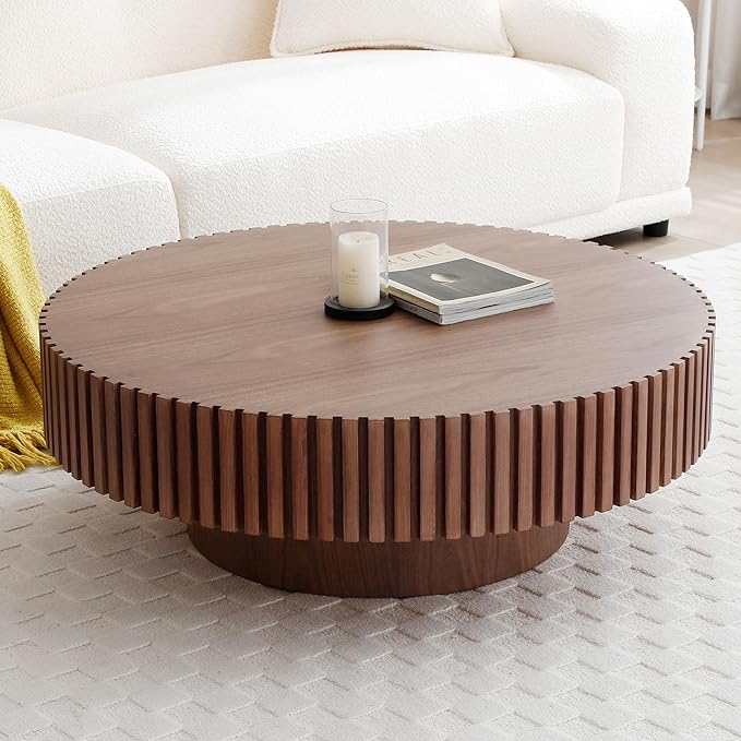 31.49'' Walnut Round Coffee Table for Apartment, Modern Living Room Coffee Table with Sturdy Pedestal