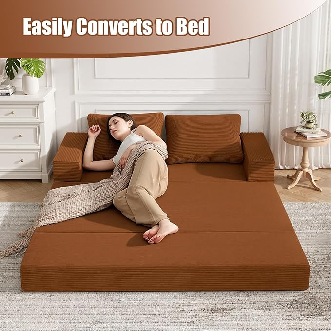 COMAX Convertible Sofa Bed Queen, Corduroy Folding Floor Couch Pull Out Couch Bed Futon Sleeper with Pillows, Fold Out Boneless Sofa Comfy Lounge Mattress Loveseat for Living Room Bedroom, Orange