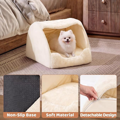 LATIBELL Indoor Puppy House Foldable Pet Tent Cave Bed ，White | Foldable Indoor Dog House With Removable Washable Soft Cushion, Covered Cave For Small Puppy
