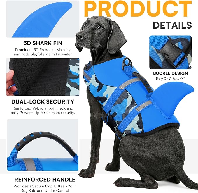 Dog Life Jacket Ripstop Dog Shark Safety Vest Adjustable Preserver with High Buoyancy and Durable Rescue Handle for Small,Medium,Large Dogs, Blue Camouflage X-Small