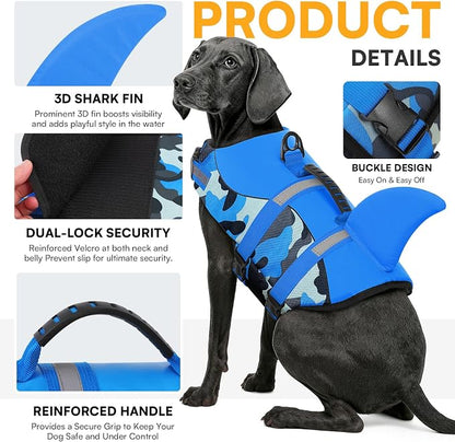 Dog Life Jacket Ripstop Dog Shark Safety Vest Adjustable Preserver with High Buoyancy and Durable Rescue Handle for Small,Medium,Large Dogs, Blue Camouflage X-Small