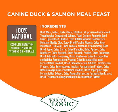 NATURE'S LOGIC Dry Dog Food - 100% Natural - No Synthetics - for All Ages, Sizes, Breeds - Free from Common Allergens, High Protein - Duck & Salmon Meal Feast, 25lbs