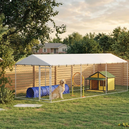 20' X 7.5' X 6.5' Dog Kennel Outdoor For Small Medium Large Dogs With Waterproof Roof, SilverMultiple Packages
