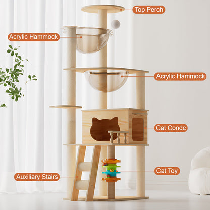 59" Modern Cat Tower, Wood Cat Tree Tower for Indoor Cats, Cat Treewith Sisal-Covered Scratching Posts and Top Perch, Cat Condo with Acrylic Hammock for Small Large Cats