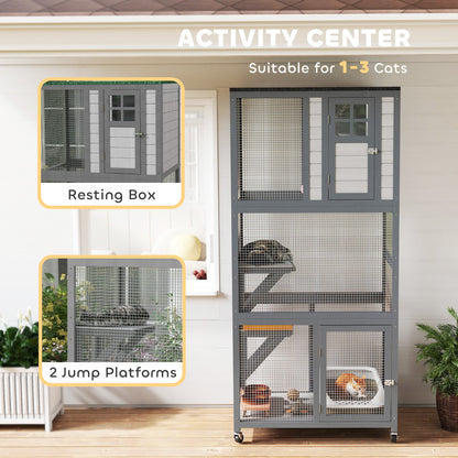 74" Wooden Outdoor Cat House Catio with High Weight Capacity, Cat Cage Condo, Dark Gray
