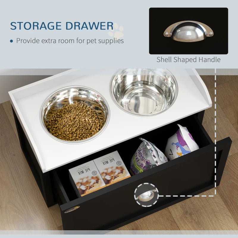 PawHut Pet Feeding Station Pet Dish Bowl Set With Storage, 2 Elevated Dog Bowls For Large Sized Dogs, White And Black