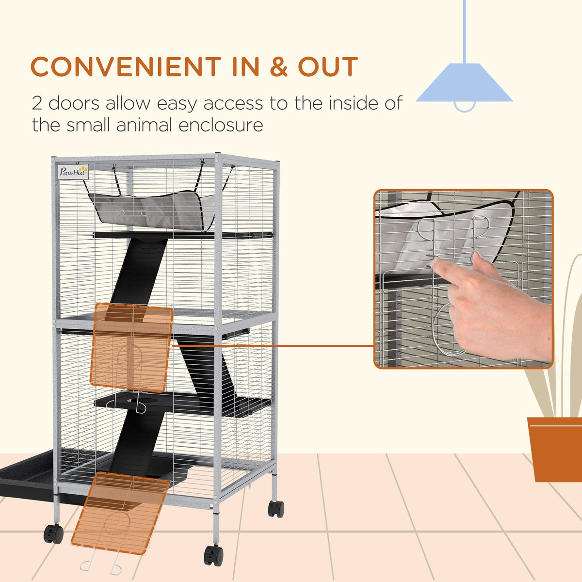 45" H Rolling Small Animal Cage with Hammock, Ferret Cage, Chinchilla Cage, Pet Habitat with 6 Doors, Removable Tray