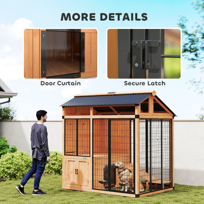 7' x 5' Extra Large Dog House, Wood Outdoor Dog Kennel with Platform, Storage Cabinet for Large Breeds, Yellow