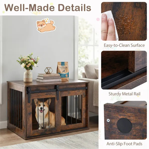 31.5" Dog Crate Furniture With Sliding Barn Door, Wooden Dog Kennel End Table For Indoor Use - Rustic Brown