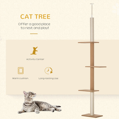 Floor-to-Ceiling Cat Tree Climbing Tower with Sisal-Covered Scratching Posts Natural Cat Tree Activity Center for Kittens Tower Furniture, Light brown