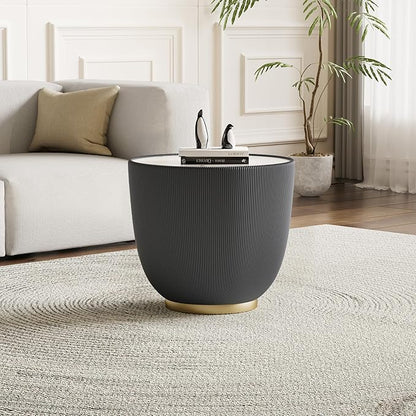 Round Coffee Table Set with Sintered Stone Tabletop, 27.56" Grey Drum Center Table and 19.69" Grey Coffee Table Set, 2 Pieces Living Room Table Set with Fluted PU Leather Cover& Metal Base
