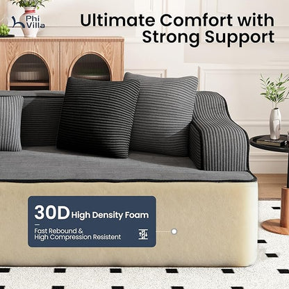 PHI VILLA Cloud Modular Couch, Boneless Sectional Sofa with U-Shaped Chaise, 6-Seater Couches with Movable Ottoman for Living Room, No Assembly Required, Corduroy, Grey