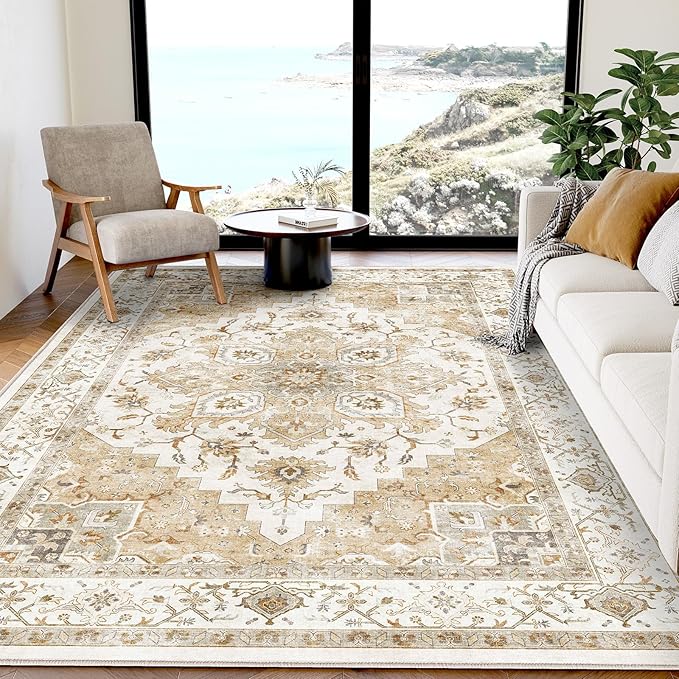 AMADA HOMEFURNISHING 5x7 Area Rugs, Washable Living Room Rug Low-Profile with Non-Slip Backing & Durable Edge Binding, Vintage 5x7 Rugs for Living Room, Bedroom, Dinning Room