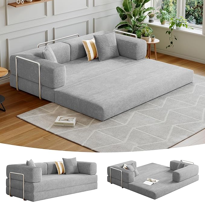 98.4''Convertible Sleeper Sofa Bed,Compressed Floor Boneless Couch,Modular Modern Corduroy Sofa for Living Room Bedroom -with Fixed-Shape Frame and Support Armrest,Easy Assembly(Grey)