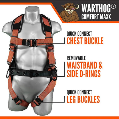 Warthog Comfort MAXX - Safety Harness for Construction – Fall Protection Equipment with Removable Belt and Lumbar Support, Side D-Rings, and Padding, OSHA & ANSI Compliant (3XL)