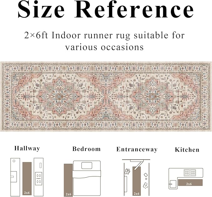 2x6 Vintage Runner Rug Low Pile Runners Non-Slip Machine Washable Rug Retro Distressed Print Lightweight Carpet for Hallway Kitchen Living Room Bedroom Laundry Room
