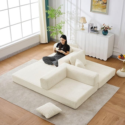 79.5" Folding Convertible Sofa Bed with Side Storage Pockets, 4-in-1 Corduroy Boneless Couch, No Assembly Loveseat Sleeper, Floor Sofa Daybed Futon Couch for Living Room Bedroom Lounge, Beige Upgraded