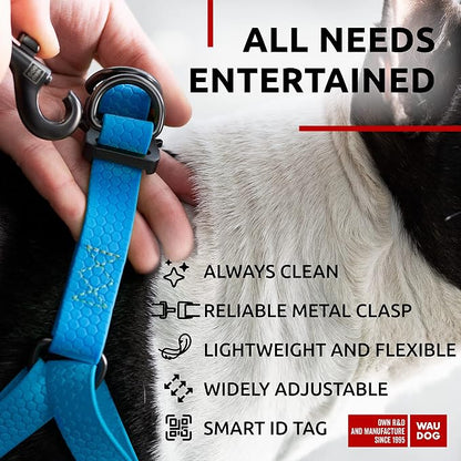 WAUDOG Waterproof Dog Harness - Adjustable, Heavy Duty with Durable Metal Clasp & QR Dog Tag - Modern Style for Medium Dogs - Blue, Size S: 16-22"