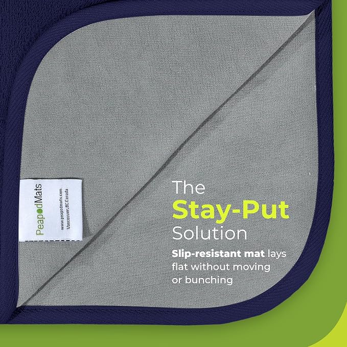 PeapodMats Bedwetting Waterproof Bed Mat, Reusable 3x5 Navy Blue | Washable reusable bed mat for bedwetting, incontinence, kids, adults, pets, and mattress protection.