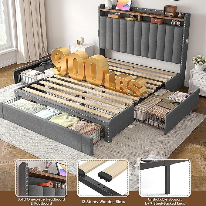 EnHomee Full Size Bed Frame, Upholstered Full Bed Frame with 3 Storage Drawers & 2-Tier Headboard Shelves, 900LBS Heavy Duty, No Box Spring Needed, Easy Assembly, Grey