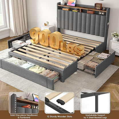 EnHomee Full Size Bed Frame, Upholstered Full Bed Frame with 3 Storage Drawers & 2-Tier Headboard Shelves, 900LBS Heavy Duty, No Box Spring Needed, Easy Assembly, Grey