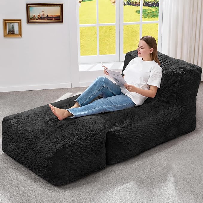 Hobestluk Bean Bag Chair Big Bean Bag Lounger for Adults Bean Bag Couch with Memory Foam Filled for Living Room, Bedroom or Balcony (Chevron Plush Black)