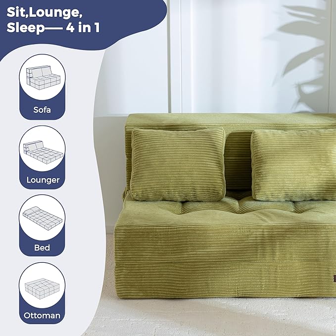 MAXYOYO Convertible Sofa Bed, Fold Out Loveseat Sleeper Sofa with Pillow, 4 in 1 Tufted Folding Couch Bed Foam Floor Couch, Lazy Chair for Living Room Bedroom Guest Room, Green