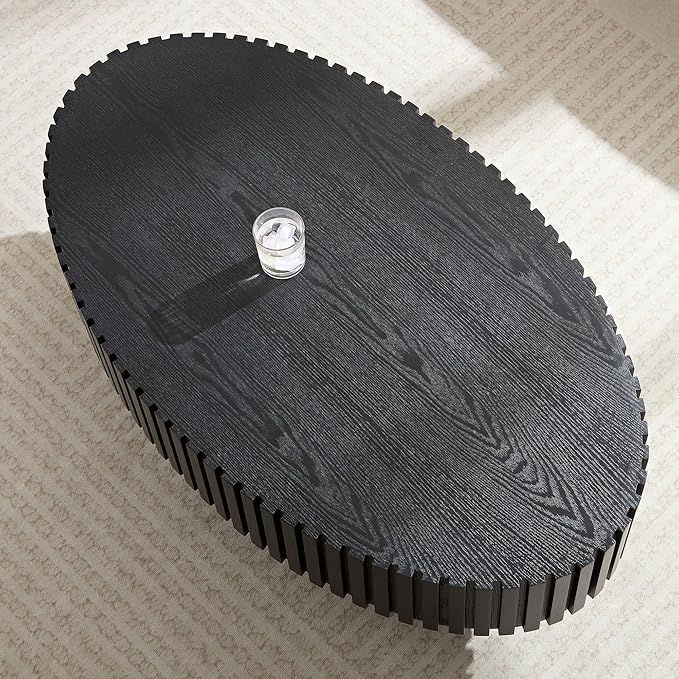 43.7'' Oval Wood Coffee Table,Modern Handcraft Drum Coffee Table for Living Room, Small Center Table with Sturdy Pedestal (Black, L43.7 x W24.8 x H13.38)