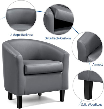 Yaheetech PU Leather Barrel Chair, Modern Accent Chair with Wood Sturdy Legs, Faux Leather Club Chair Comfy Armchair Modern Tub Chair for for Living Room Bedroom Waiting Room, Gray