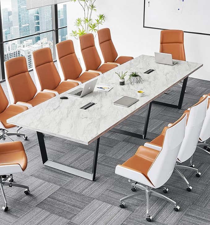 ahliss Sturdy Conference Table with Cable Management Grommets Modern Rectangle Office Meeting Table with Wood Tabletop and Metal Frame & Legs- Easy Assembly Boardroom Table (White Marble, 12 Foot)