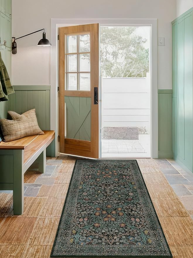 Washable 4x8 Wide Hallway Runner Rug, Vintage 8ft Soft Runners for Entry Kitchen, Non Slip Low Pile Thin Carpet for Living Room Bedroom Dining Room Foyer - Dark Green Floral Forest Décor