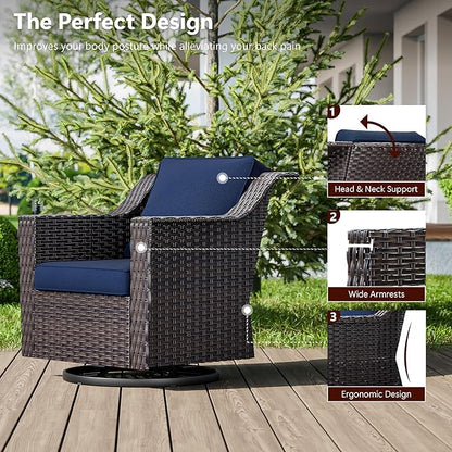 9 Pieces Wicker Patio Furniture, Luxury Outdoor Furniture with 2 Patio Swivel Chair, 2 Chair, 3-Seater Sofa, 2 Ottoman, 1 Coffee Table and 1 Side Table, Wide Armrest, Thickened Cushions