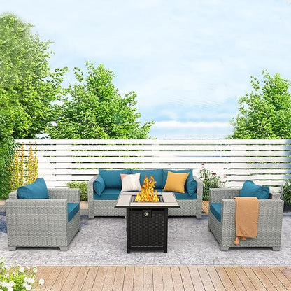WAROOM Patio Furniture Set 4 Piece Wicker Conversation Sets PE Rattan Chair Outdoor Couch Sectional Sofa with 30" Fire Pit Table, Peacock Blue Cushion