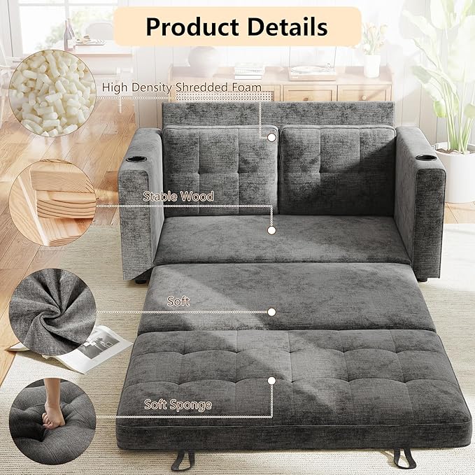 WorthFurni Convertible Sofa Bed, Folding Sofa Bed 2 in1 Pull Out Loveseat Sleeper Sofa, Floor Sofa Bed for Small Spaces Folding Couch Bed with Pillows for Living Room Bedroom - Grey