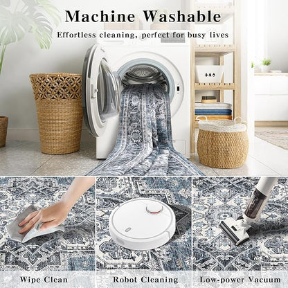 4x6 Area Rug for Bedroom Machine Washable Low Pile Vintage Distressed Rugs Stain Resistant Faux Wool Rug Ultra Soft Non-Slip Area Rugs for Living Room, Playroom, Kitchen,Home Office