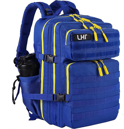 LHI Military Tactical Backpack for Men and Women 45L Army 3 Days Assault Pack Bag Large Rucksack with Molle System - Blue with yellow zipper