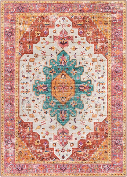 Moynesa Ultra-Thin Washable 10x14 Area Rugs for Bedroom, Pink Large Living Room Rug Non Slip, Medallion Oriental Indoor Floor Carpet for Dining Room Table Dorm Home Office Decor