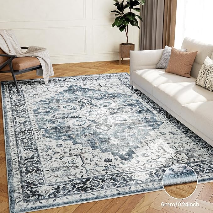 AMADA HOMEFURNISHING 5x7 Area Rugs, Washable Living Room Rug Low-Profile with Non-Slip Backing & Durable Edge Binding, Vintage 5x7 Rugs for Living Room, Bedroom, Dinning Room