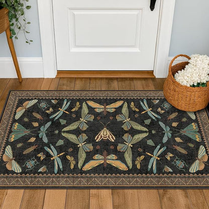 Small Black Entryway Runner Rug - 2x4 Front Door Rug Indoor Entrance, Small Waterproof Carpet for Kitchen Floor, Bathroom, Powder Room, Washable Low Pile Non Slip, Insect Print Multi Color Home Décor