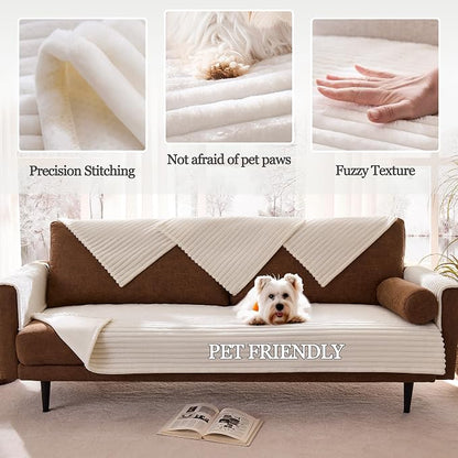 Dual Non-Slip Couch Cover for Dogs Waterproof, Cream Fuzzy Soft Pet Couch Covers for Sofa 3 Cushion, Pet Friendly Soft Dog Bed Covers Sofa Cover Washable (White, 33" x 75" 1 Pack)